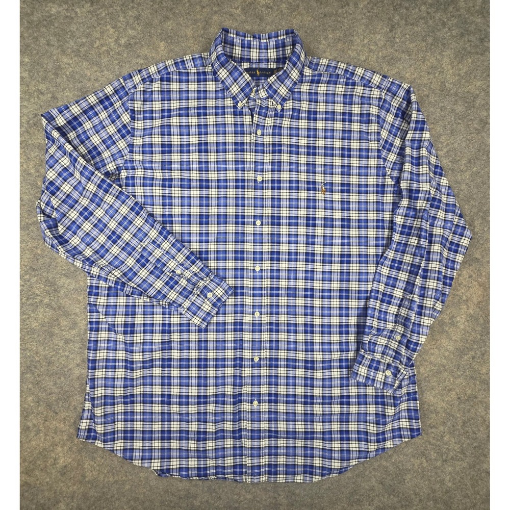 Ralph Lauren Mens 2XLT Plaid Button Down Shirt Blue White Tall Long Sleeve